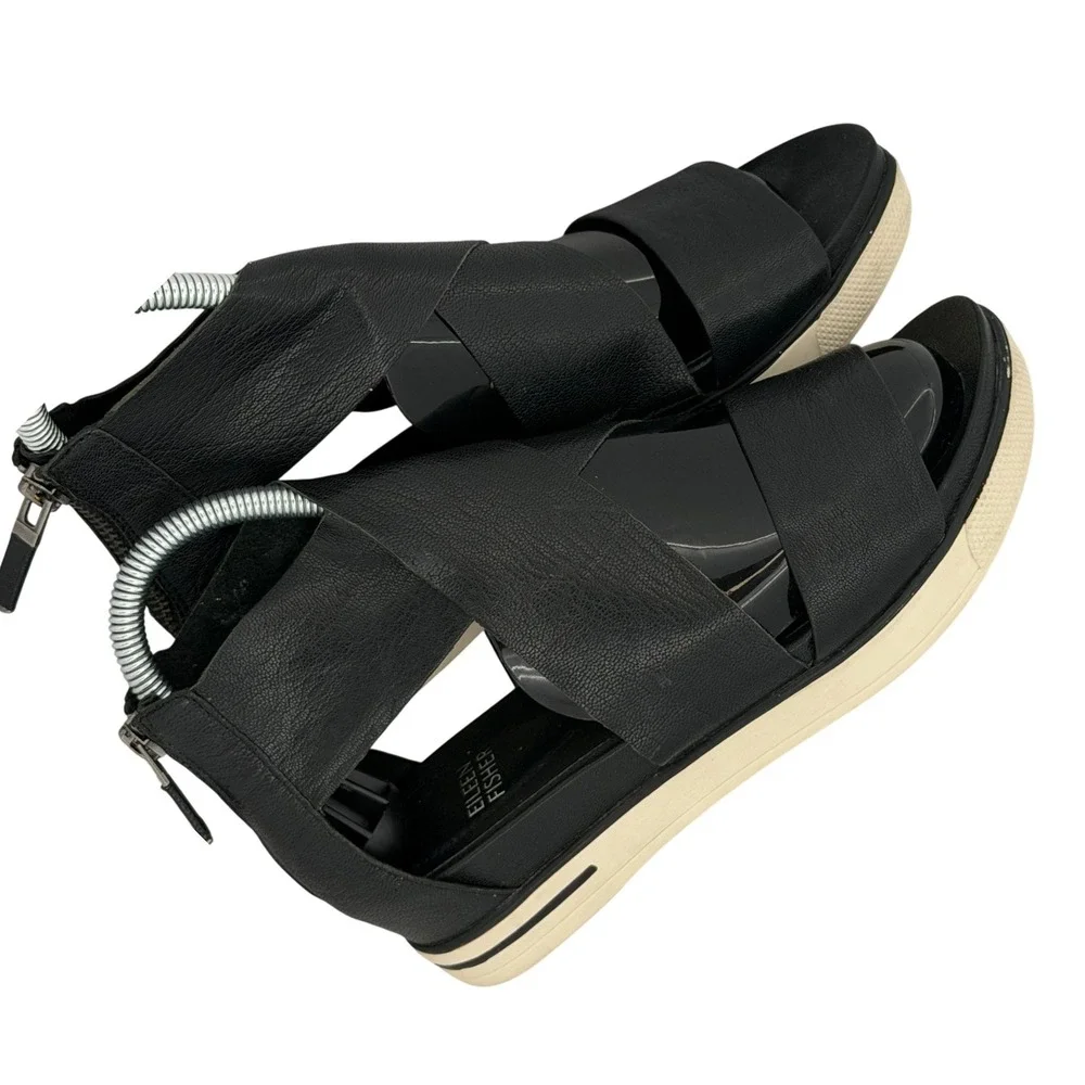 Eileen Fisher Black Leather Platform Sandals Crisscross Minimalist Luxe‎ Women 6